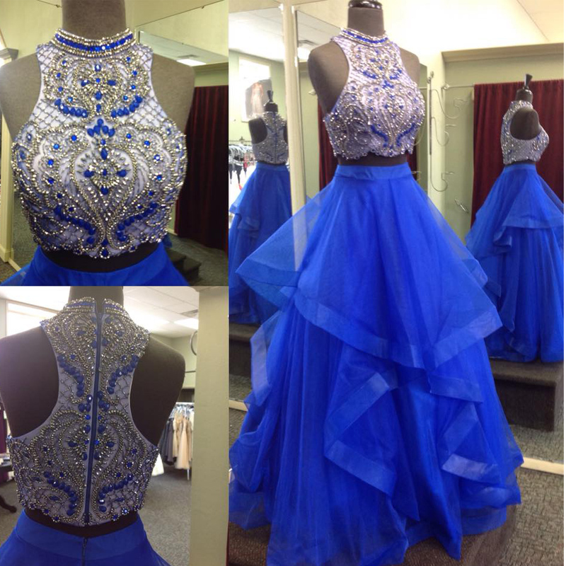 Royal Blue Two Pieces Prom Dress With Beaded Crop Top