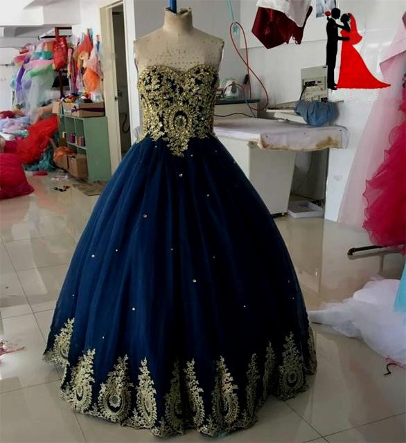 Sleeveless Navy Blue Ball Gown Prom Dress with Gold Appliques