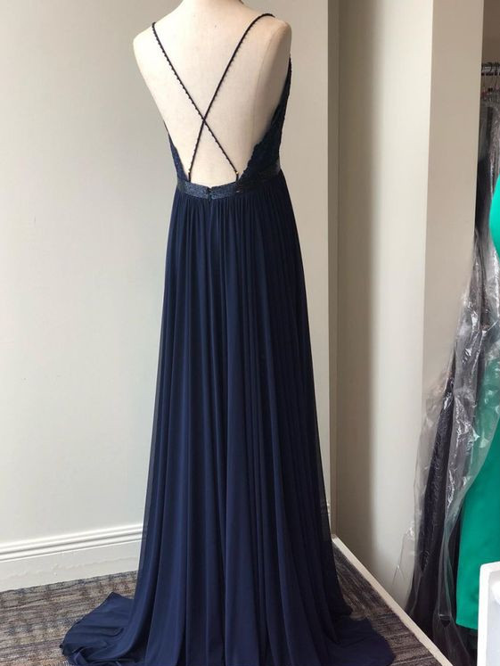 Mesh Plunging Neck Navy Flowy Chiffon Prom Dress With Cirss-cross Back