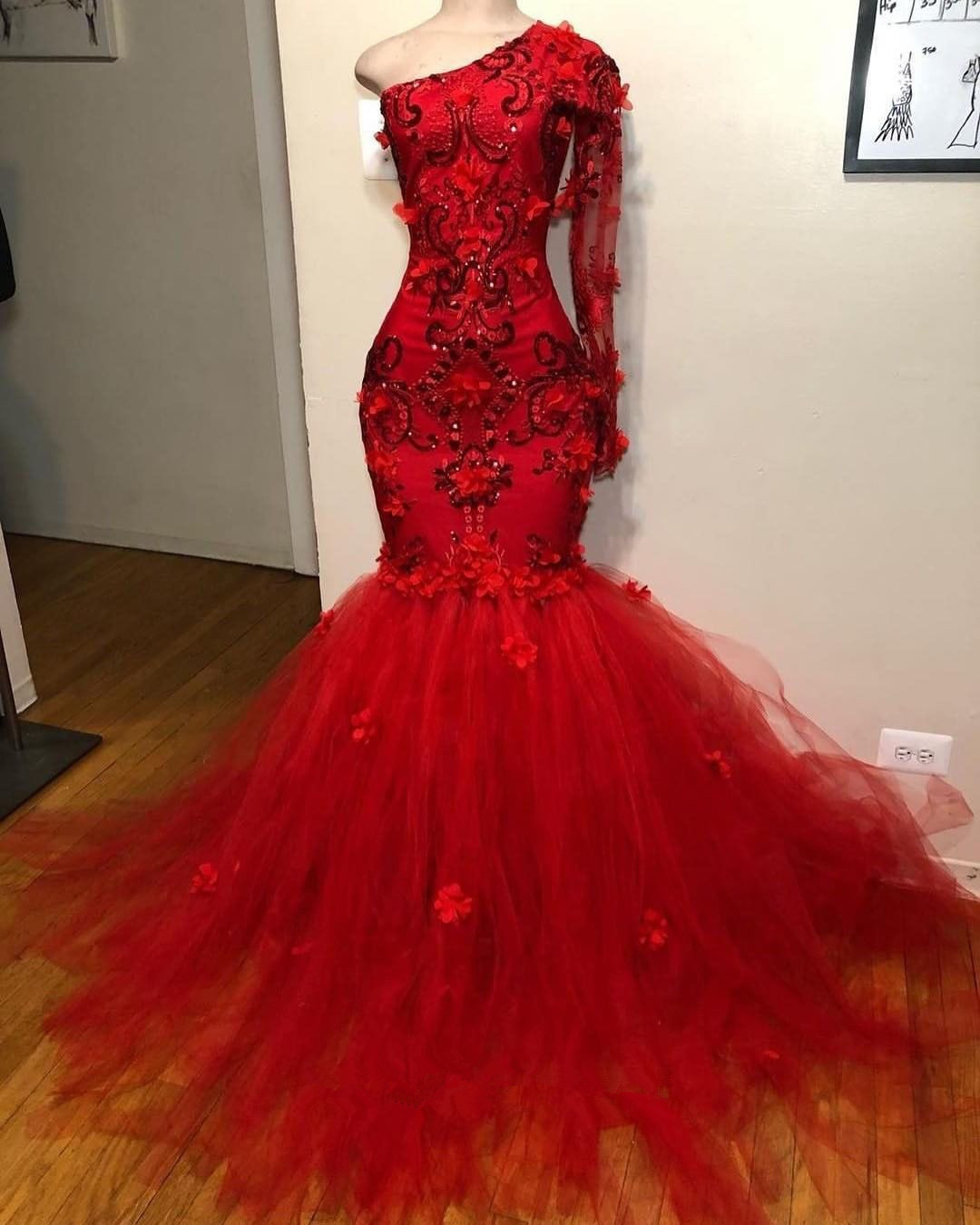 Elegant One Shoulder Red Lace Mermaid Wedding Party Dress, Red Prom Dress 2021 main image 1