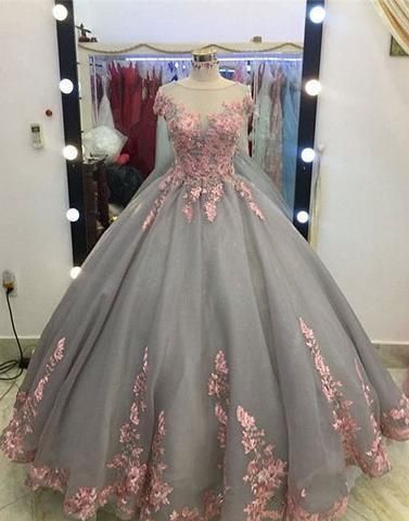 Cap Sleeves Sheer Neck Ball Gown Prom Dress With Lace