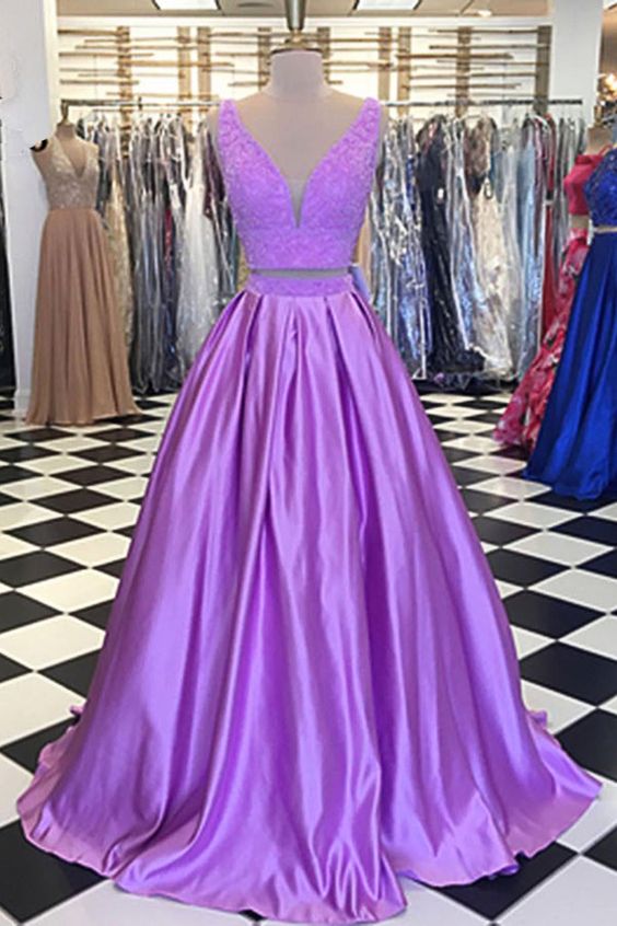 Lavender Two Pieces Prom Dress With V Neck Top