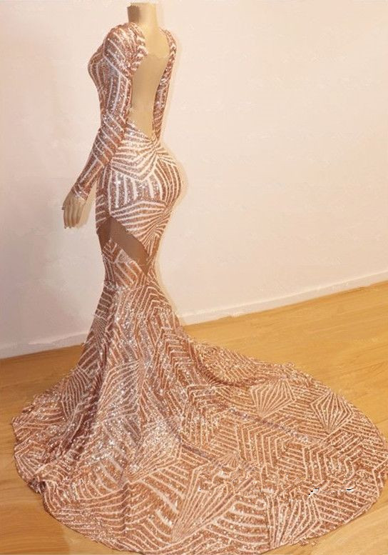 Backless Champagne Gold Sequin Prom Dress With Long Sleeves