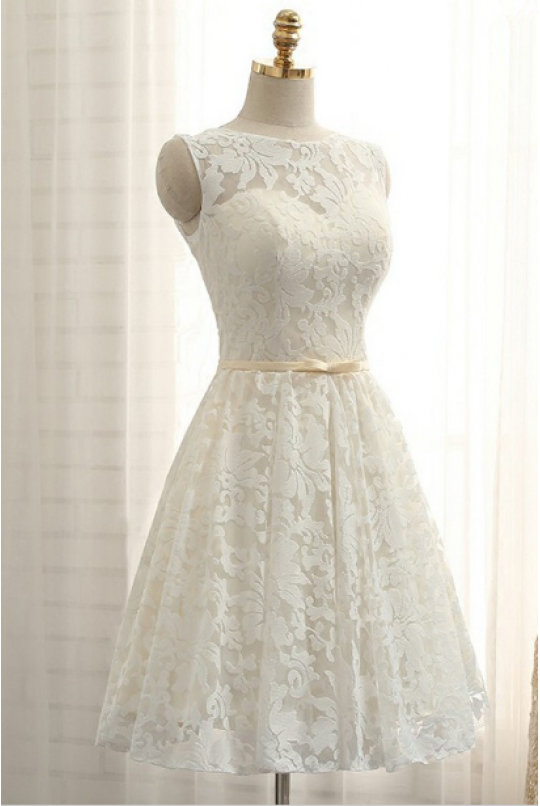 Jewel Neck Short Lace Wedding Dress With Sash