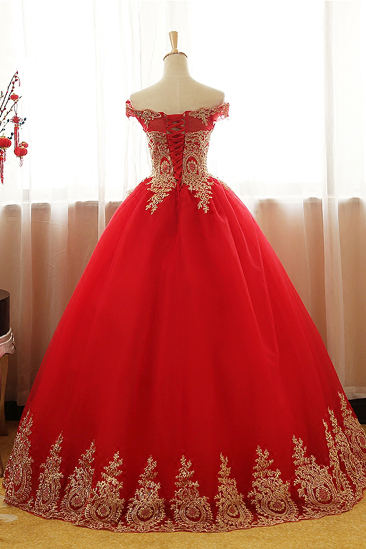 Gold and red evening gown sale