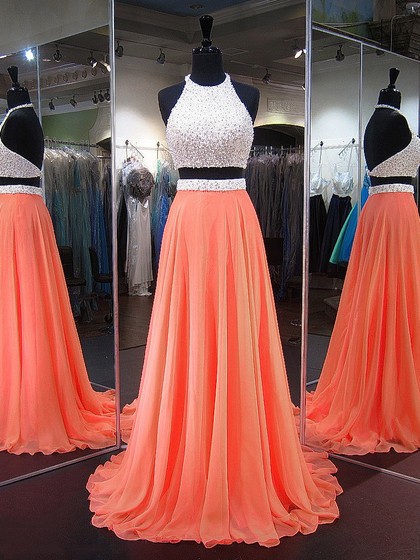 Coral Two Pieces Long Chiffon Prom Dress With Pearls Beads