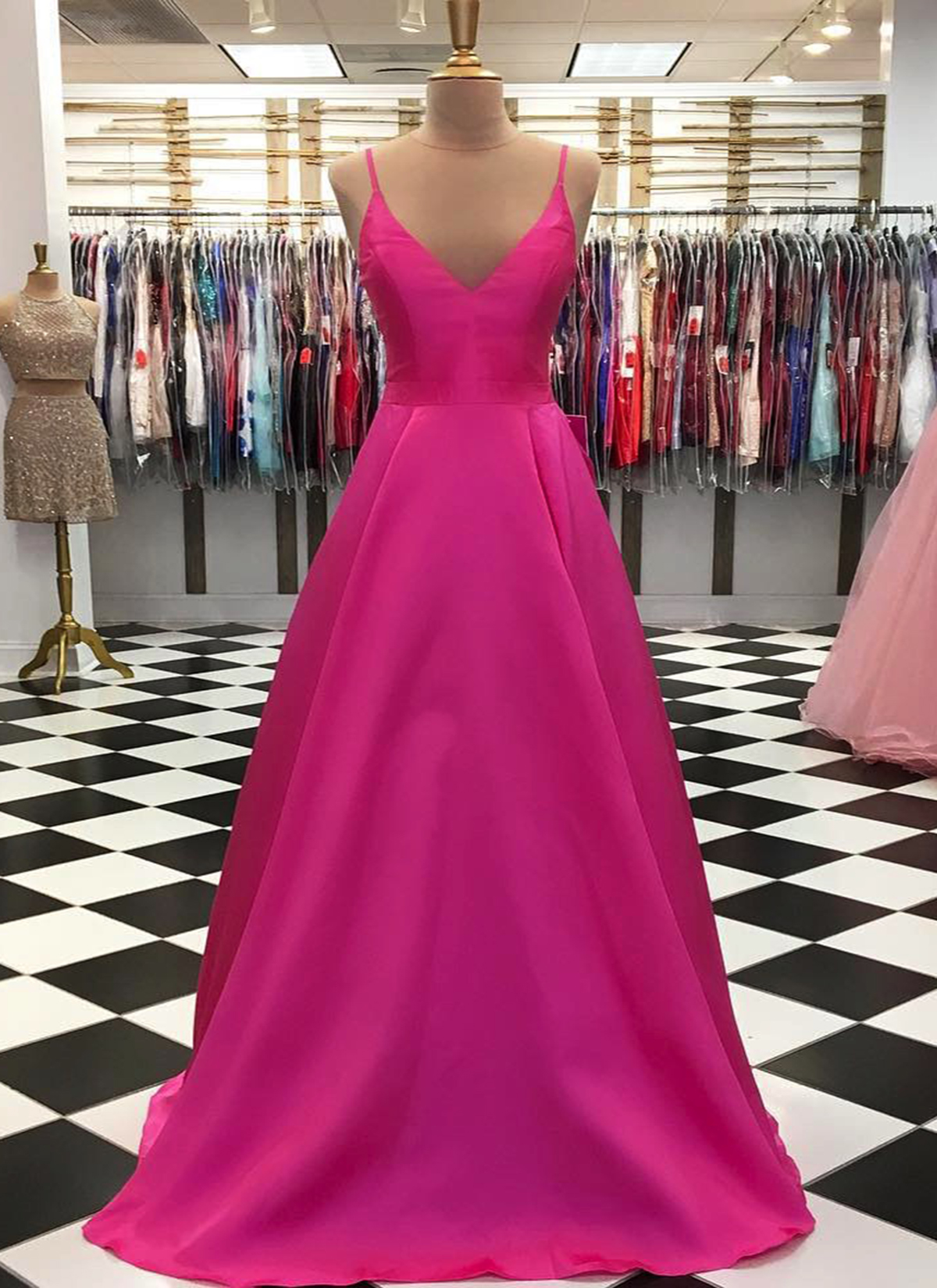 hot pink satin prom dress