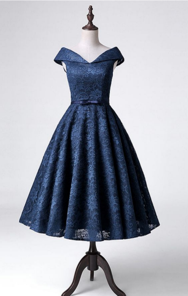 Off The Shoulder Navy Blue Lace Homecoming Party Dress on Luulla