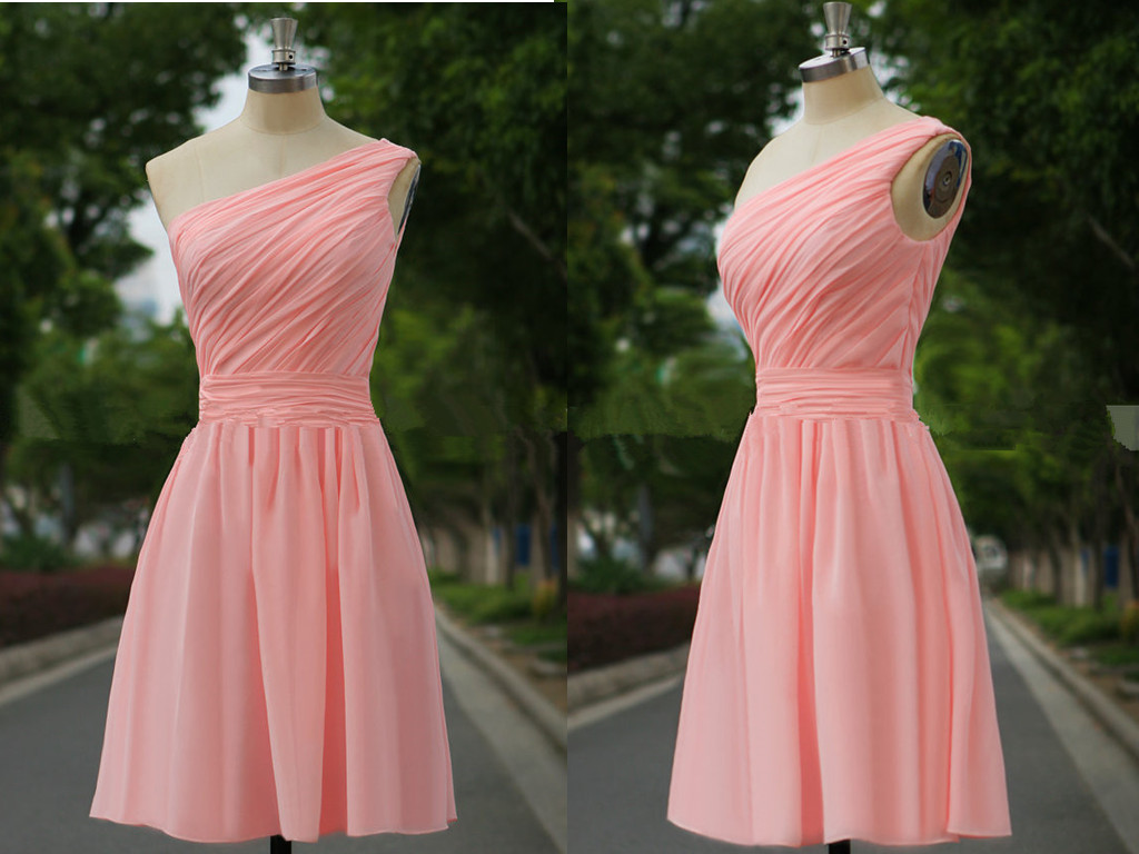 one shoulder blush pink bridesmaid dresses
