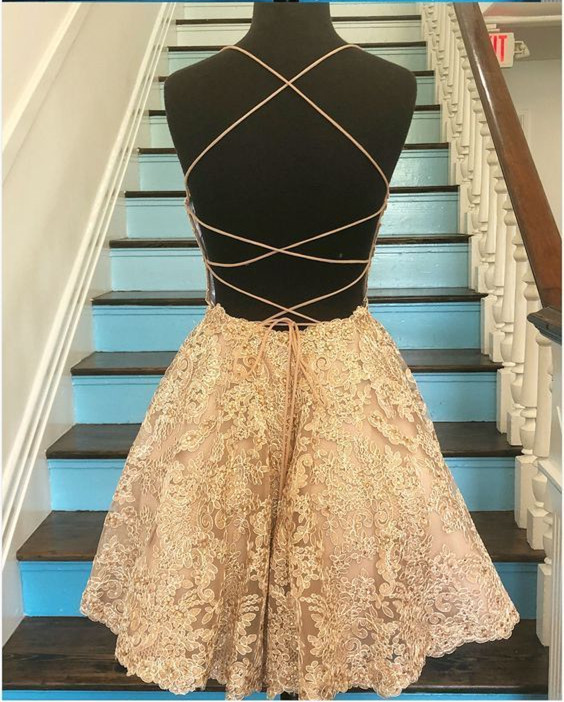 Scoop Neck Gold Lace Hoco Party Dress Backless Short Prom Dress