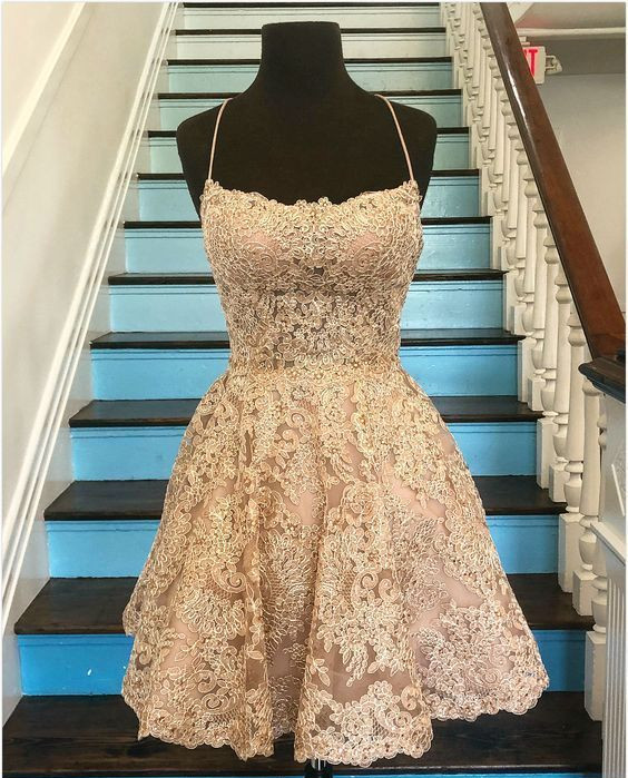 Scoop Neck Gold Lace Hoco Party Dress Backless Short Prom Dress on Luulla