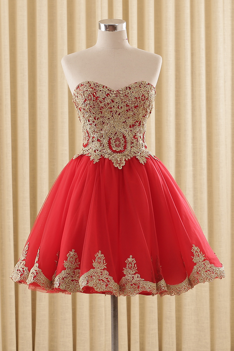 Sleeveless Red Hoco Party Dress With Gold Appliques