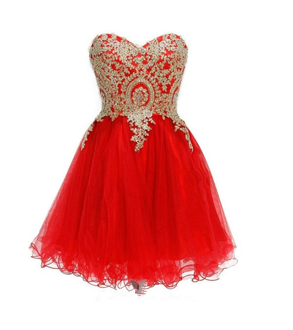 Red Hoco Party Dress With Gold Appliques Homecoming Dress With Pencil Hem
