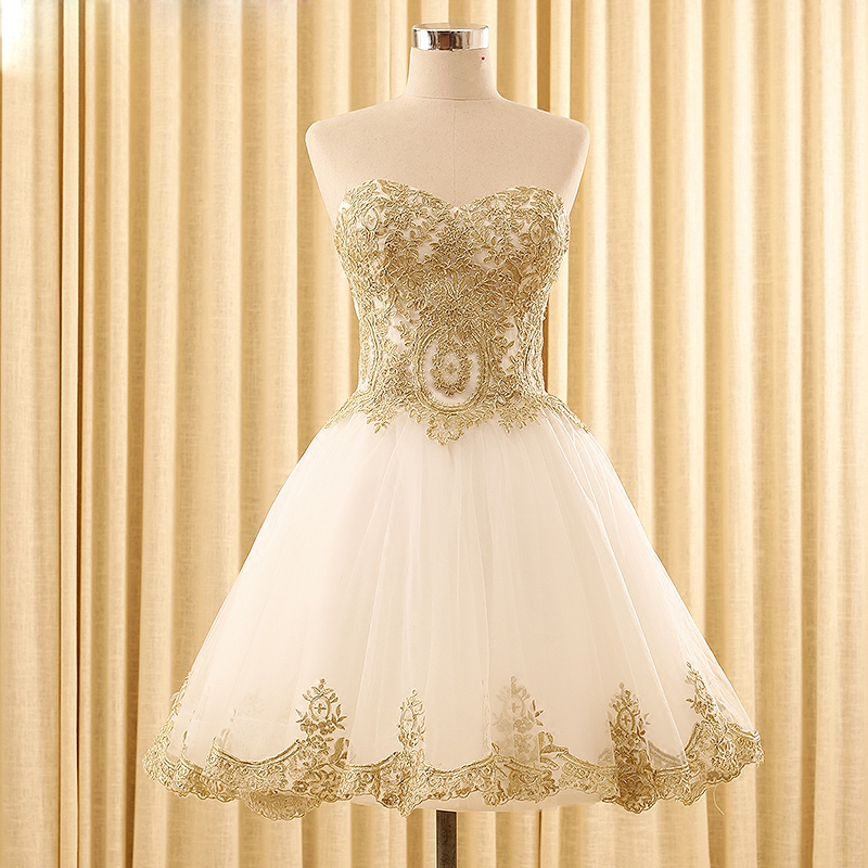 Sweetheart Ivory Short Hoco Party Dress Homecoming Dress With Gold Appliques