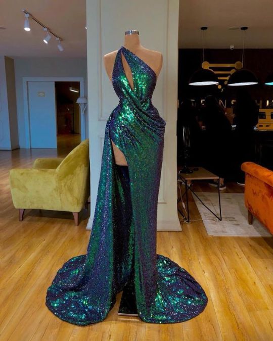 Asymmetric One Shoulder Sequin Prom Dress Long Pageant Dress with Slit