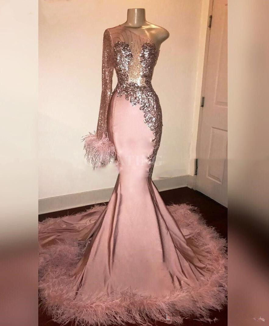 One Shoulder Prom Dress With Feather