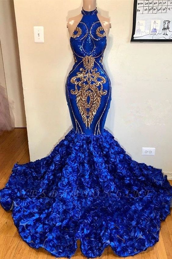 High Neck Royal Blue Mermaid Prom Dresses With Rosette Skirt