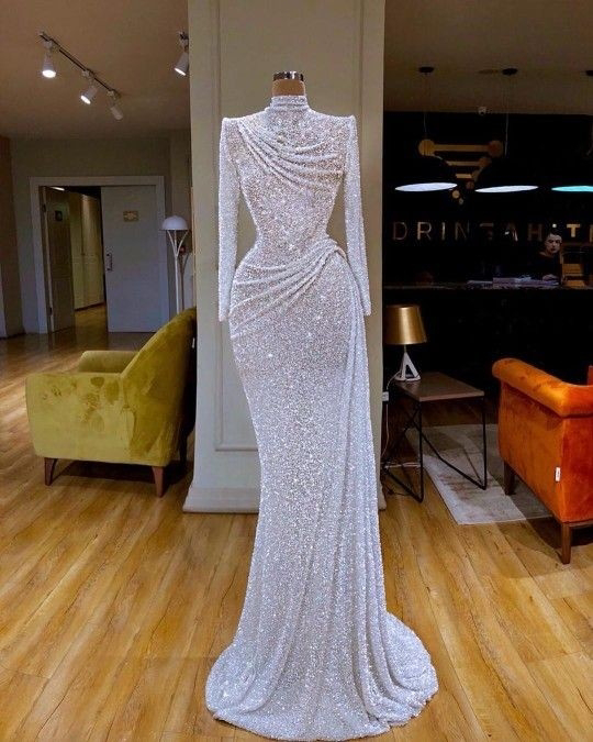 White Sequin Pageant Dress Evening Gown