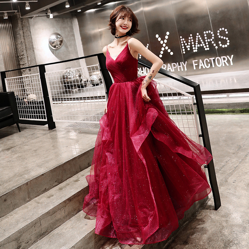 glitter burgundy dress Crystals Illusion Burgundy Sequin Made-to-Order Prom Dress main image 0