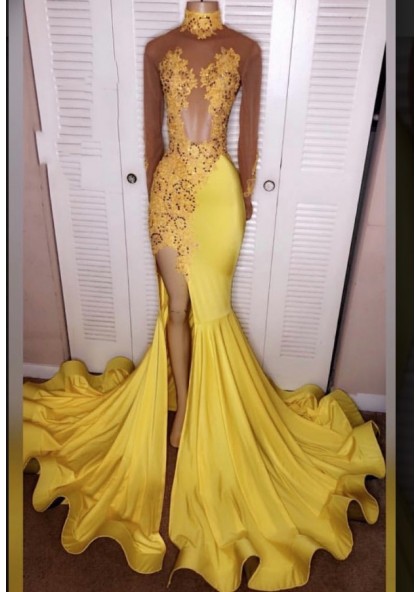 High Neck Sheer Long Sleeves Yellow Prom Dress With Slit