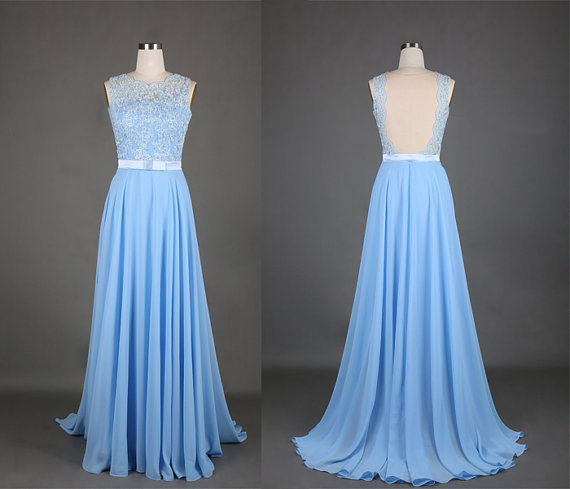 Blue Long Prom Dresses With Open Back Flowy Evening Gown