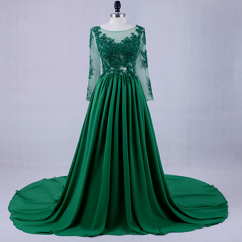 Long Sleeves Princess Green Evening Gowns Formal Occasion Pageant Dress