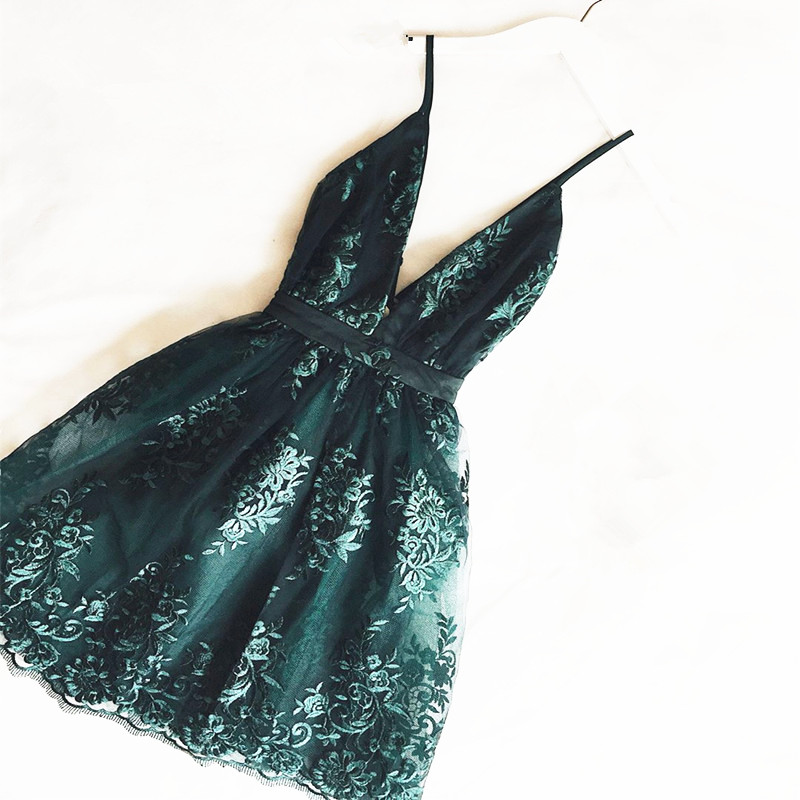 Plunging Neck Dark Green Short Party Dress Homecoming