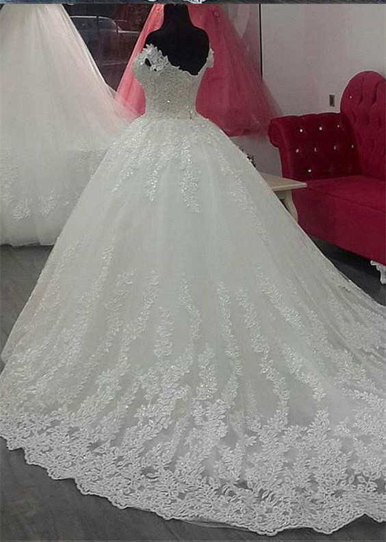 Off The Shoulder Wedding Dresses Applique Lace Bridal Gown
