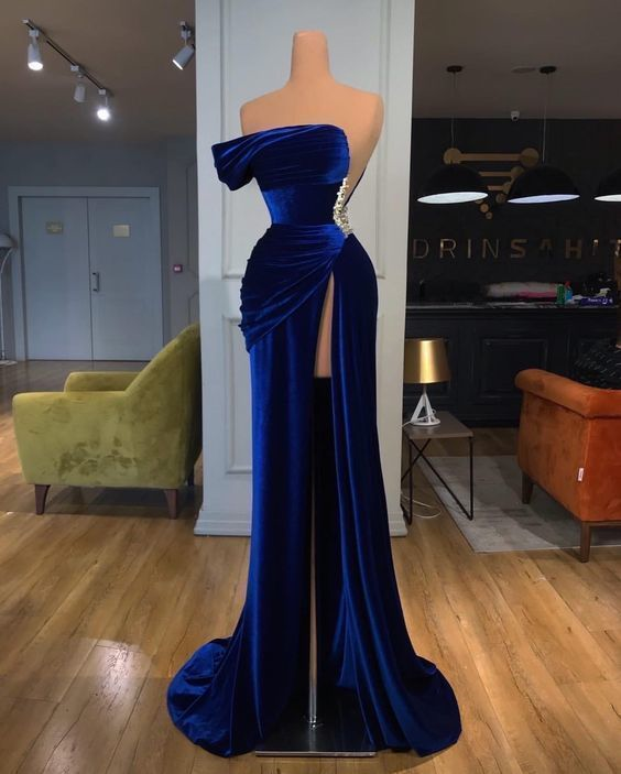 One Shoulder Royal Blue Velvet Evening Dress With Slit