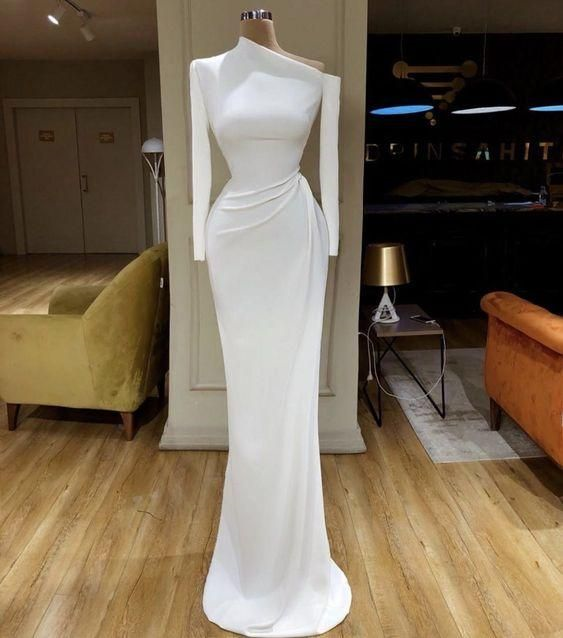 Asymmetric Neck Long Sleeves Evening Gown