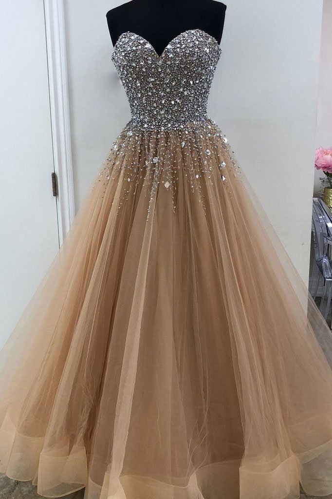 Sweetheart Neckline Champagne Evening Gown With Beads