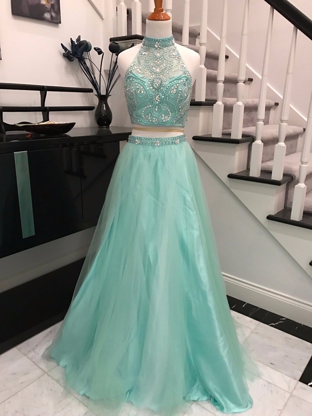 2 piece teal prom dress best sale