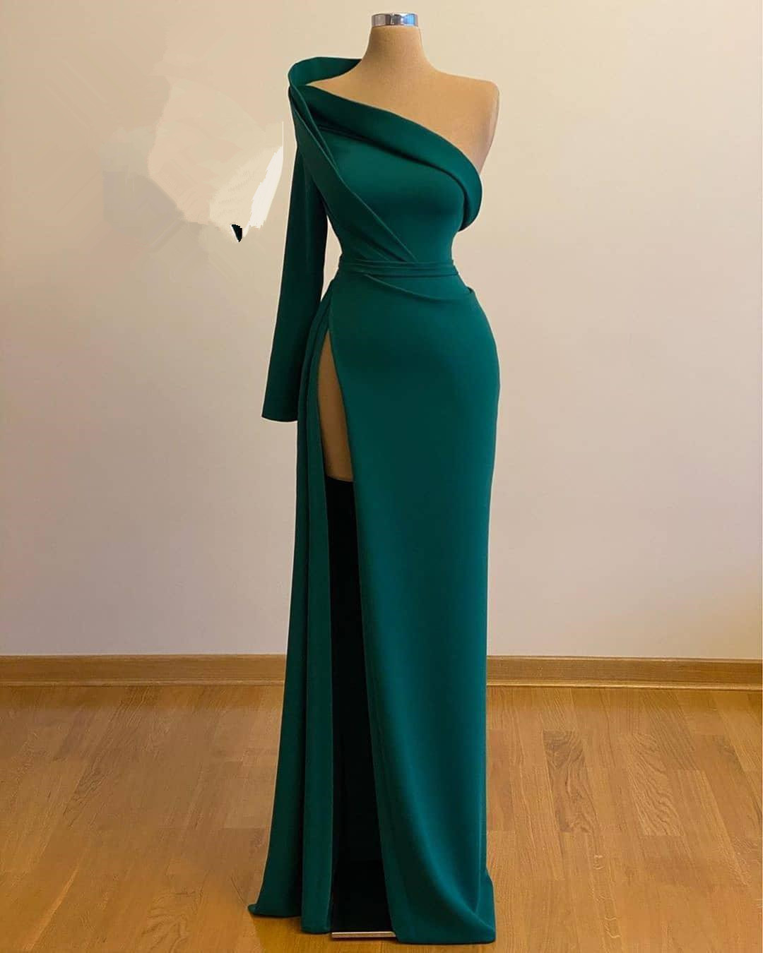 One Shoulder Green Evening Gown With Slit