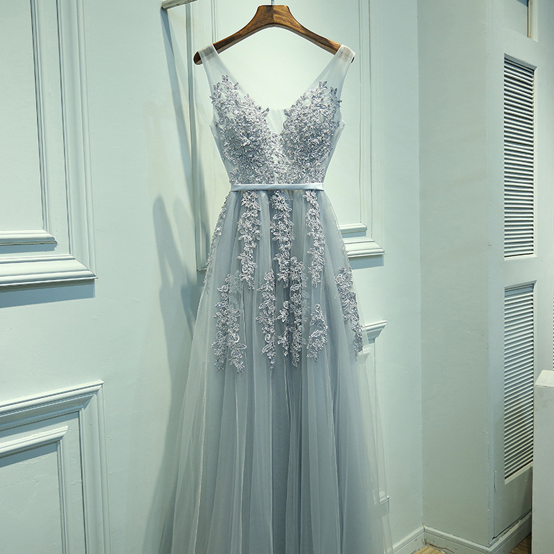 V Neck Silver Gray Long Evening Gown With Open Back V Neck Silver Gray Long Evening Gown With Open Back