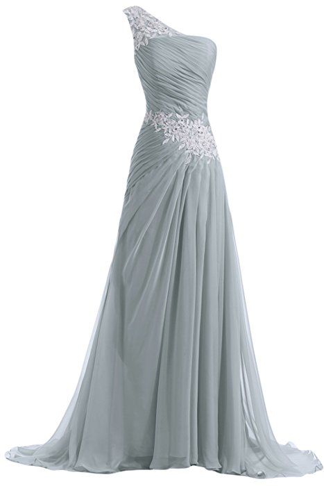 One Shoulder Grey Pleated Long Evening Dress With Appliques