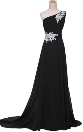 One Shoulder Black Long Evening Gowns Pageant Dress With Appliques