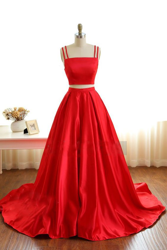 Two Pieces Red Satin Prom Dress