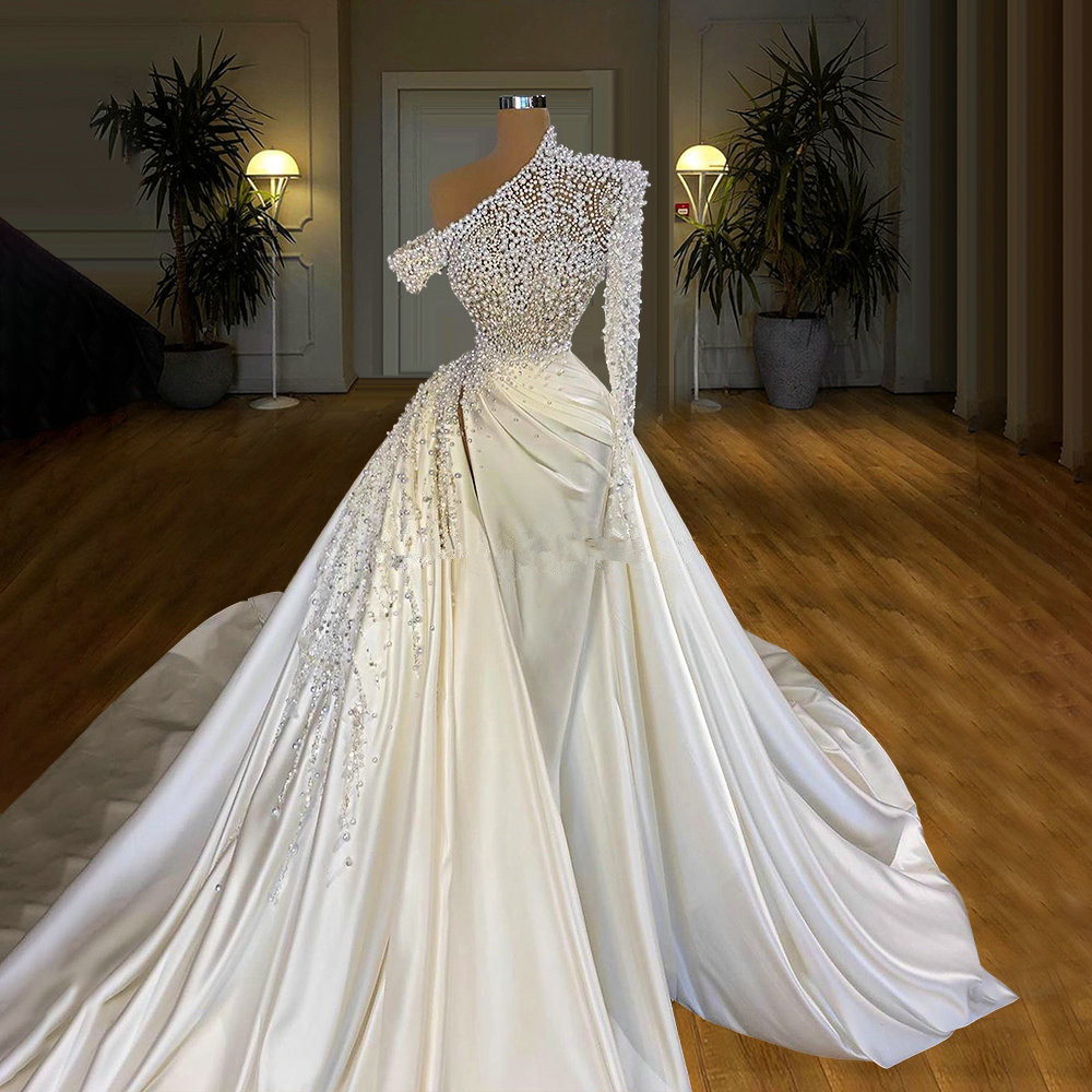 One Shoulder Ivory Pearled Evening Gowns Pageant Dress