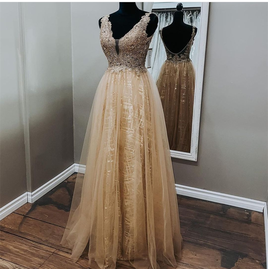 Sparkle Champagne Prom Dresses With Open Back Long Evening Gowns on Luulla