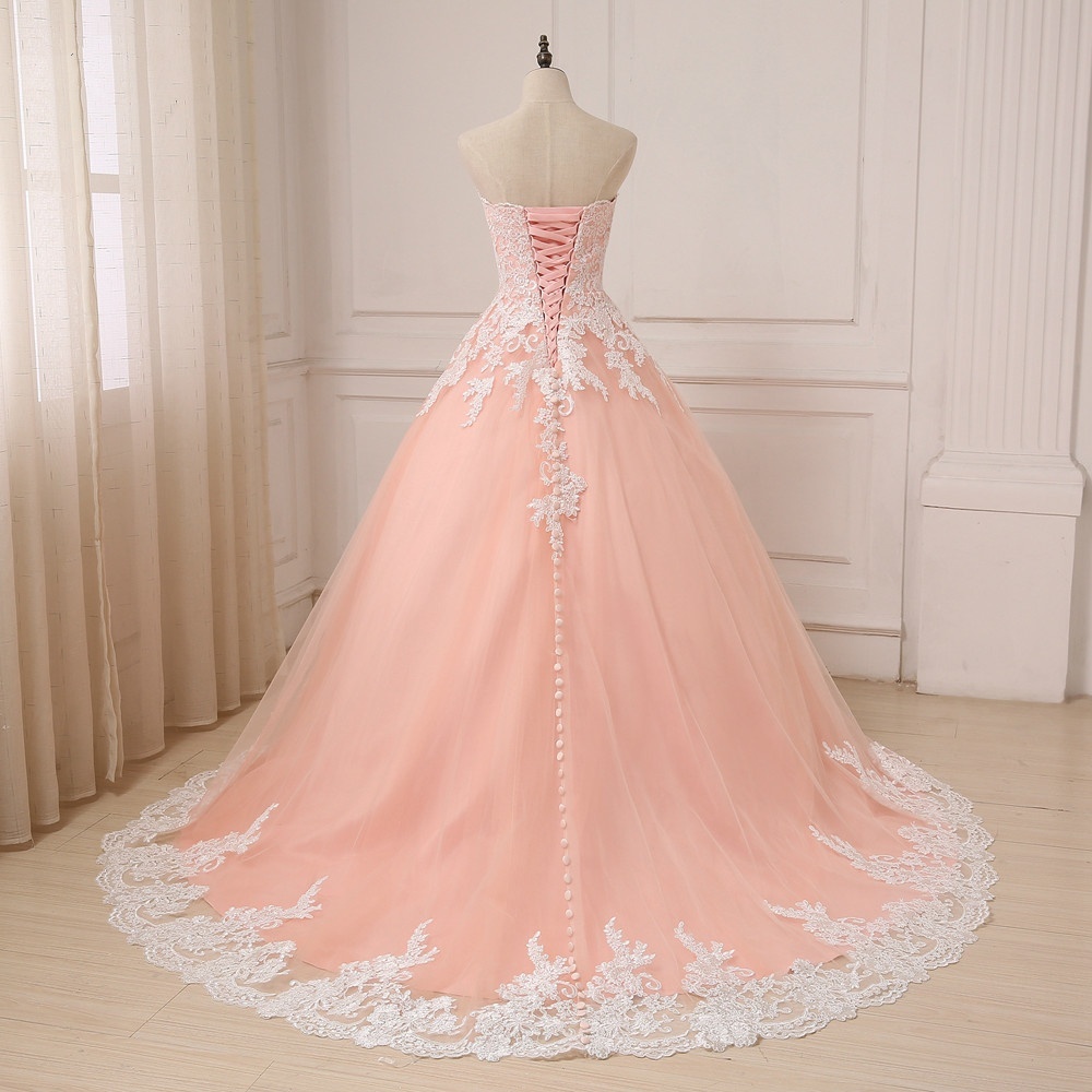 peach lace wedding dress Peach Pink Straps Lace Tulle Tiered Wedding Dress