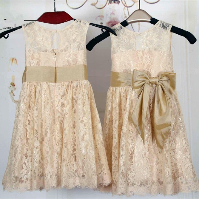 Champagne Lace Flower Girl Dresses With Sash First Communion Dress For Birthday Party