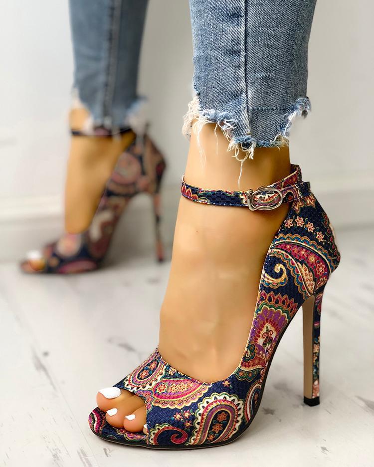 Print Pattern Peep Toe Stiletto Sandals Women Heels Shoes