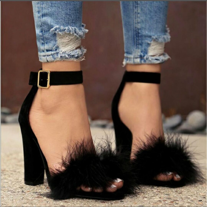 Fluffy Faux Feather Strappy High Heeled Sandals | Strappy high heels sandals,  Sandals heels, Strappy high heels