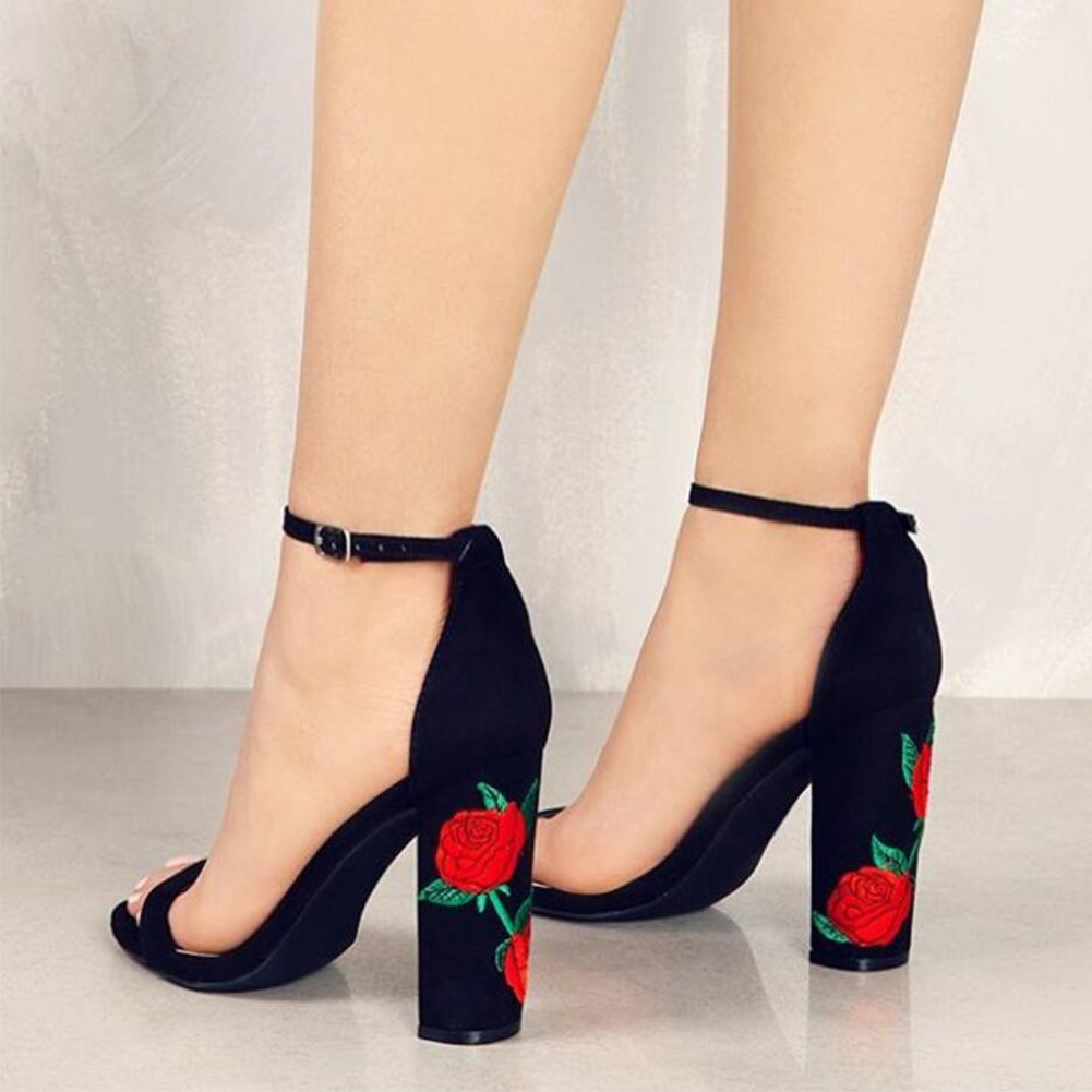 Foral Embroidered Chunky Heel Sandals Shoes