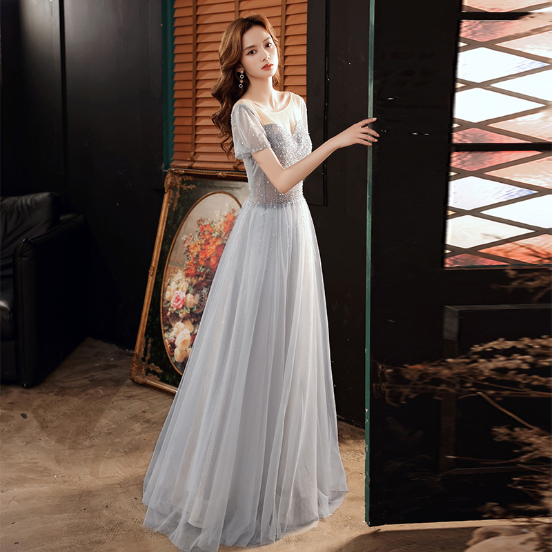 Grey Special Occasion Dresses Beaded Long Evening Gowns Asian on