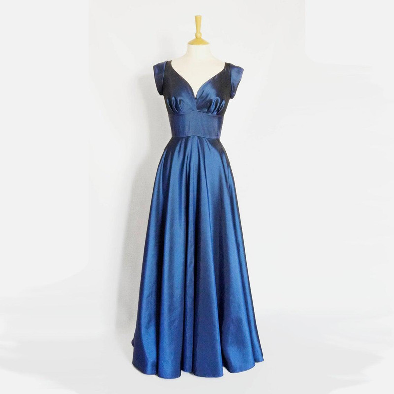 Midlight Blue Taffeta Vintage Dresses Long Pageant Evening Gowns