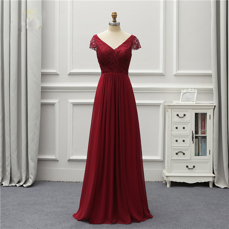 Cap Sleeves Wine Long Chiffon Special Occasion Dresses Evening Gowns