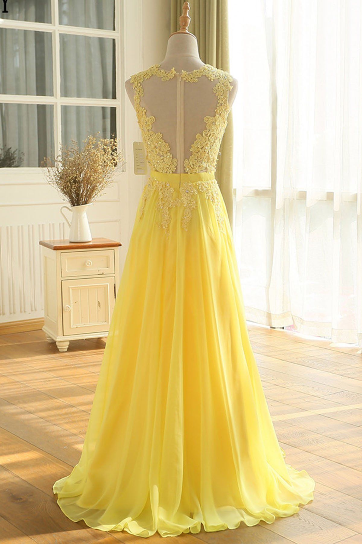 Sheer Bodice Yellow Evening Gowns Long Chiffon Prom Dresses on Luulla