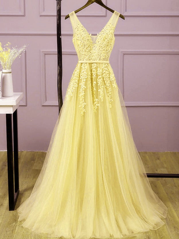 V Neck Long Evening Gowns Yellow Formal Occasion Dresses