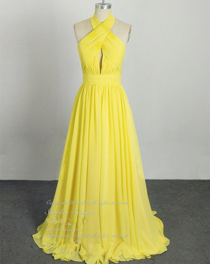 Halter Yellow Chiffon Long Prom Dress